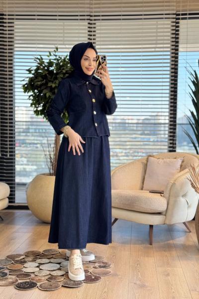 7478 Önü Gold Düğmeli Etekli Kot Takım Koyu Lacivert