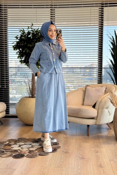 7478 Önü Gold Düğmeli Etekli Kot Takım Mavi