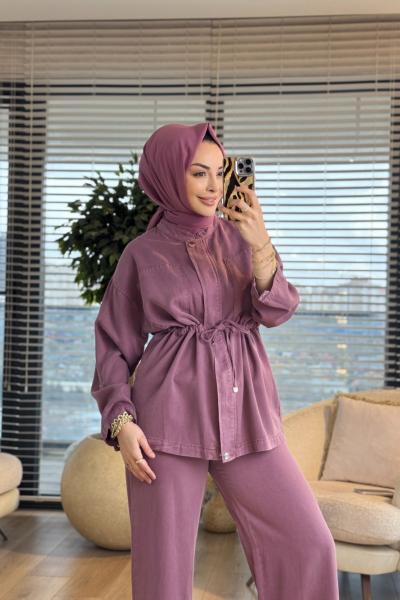 7498 Kot Ön Parça Dikiş Detay Bağcıklı Takım Mürdüm