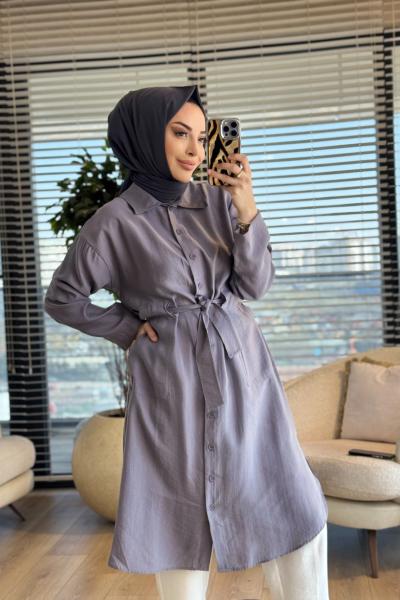 7501 Ön Düğmeli Kuşaklı Uzun Tunik Gri