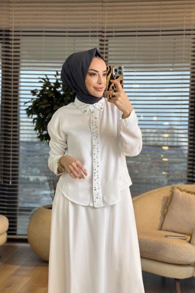 7502 Patı Yakası Taşlı Kot Etekli Takım Beyaz