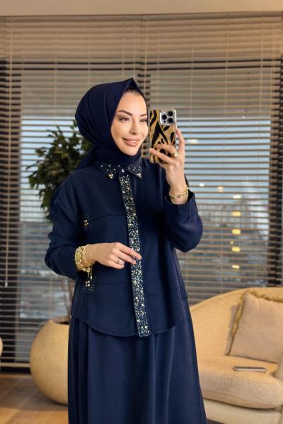 7502 Patı Yakası Taşlı Kot Etekli Takım Lacivert