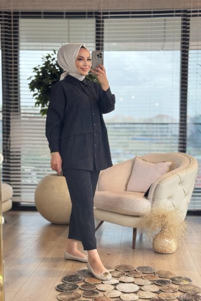 7504 Beli Şeritli Pantolon Takım Siyah