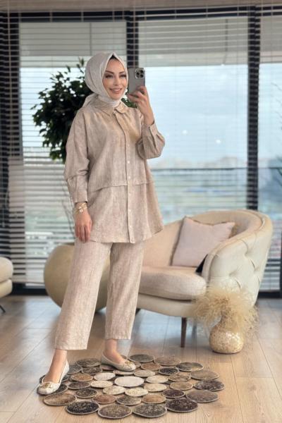 7504 Beli Şeritli Pantolon Takım Bej