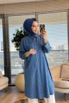 7509 Tencel Ön Düğmeli Cep Kapaklı Uzun Tunik Açık Mavi