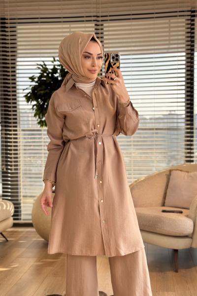 7513 Uzun Tunik Tek Cepli Takım Bej