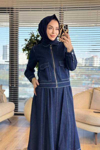7514 Kot Önü Cep Ve Fermuarlı Etekli Takım Lacivert