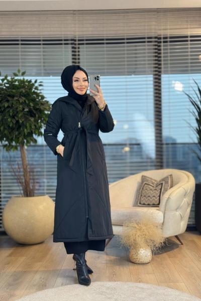 7618 Ön Fermuarlı Kapşonlu Kap Siyah