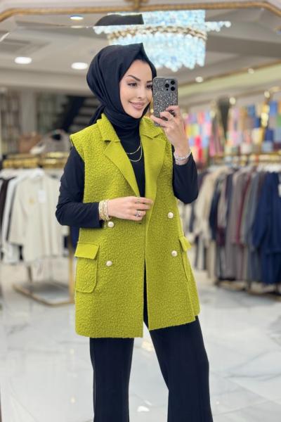 7889 Bukle Dört Düğmeli Yelek Yağ Yeşili
