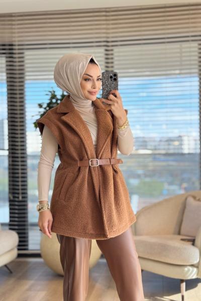 7979 Bukle Kemer Detaylı Yelek Kahve