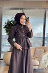 802 Tencel Önü Çiçek Düğme Yakasız Takım Kahve