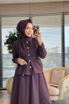 802 Tencel Önü Çiçek Düğme Yakasız Takım Mürdüm