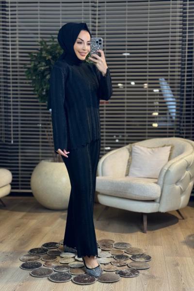 8039 Boyuna Sim Çizgili Triko Pant. Takım Siyah