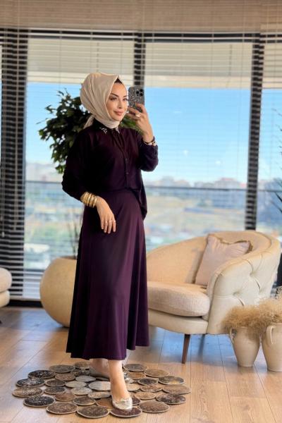 8102 Naz Yakası Taşlı Takım Mürdüm