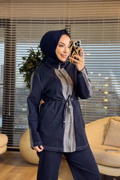 8207 Tencel Şerit Detaylı Fermuarlı Takım Lacivert