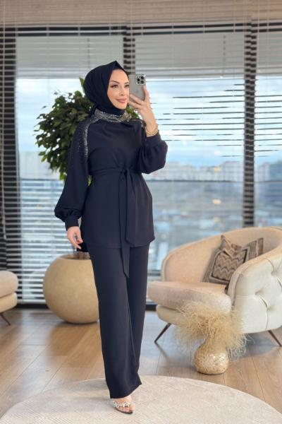 8500 Omuzları Taş Baskılı Takım Siyah