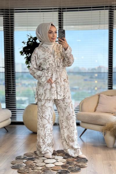 8525 Kendinden Dal Desenli Jakarlı Takım Bej