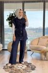8531 Yelek Kol Kenarı Taş Şeritli Takım Lacivert
