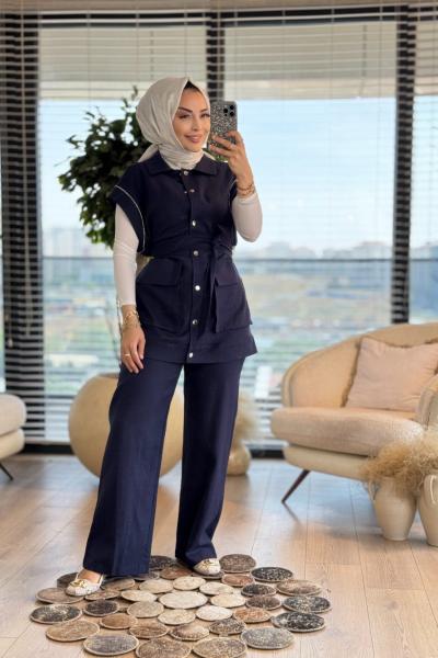 8531 Yelek Kol Kenarı Taş Şeritli Takım Lacivert