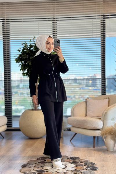 8578 Yaka Kol Kürk Ve Taş Detaylı Takım Siyah