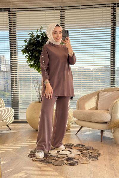 8581 Omuz Ve Kolu Taş Detaylı Takım Vizon