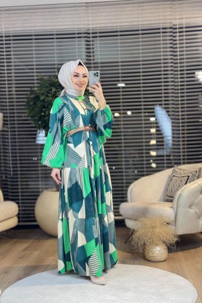 90090 Geometrik Desen Önden Düğmeli Elbise Zümrüt
