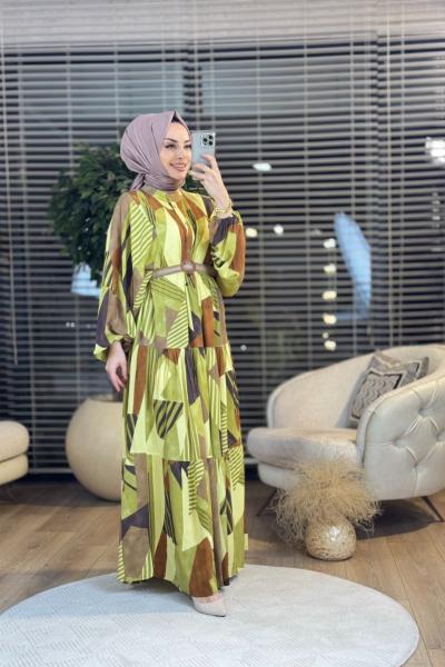 90090 Geometrik Desen Önden Düğmeli Elbise Yağ Yeşili