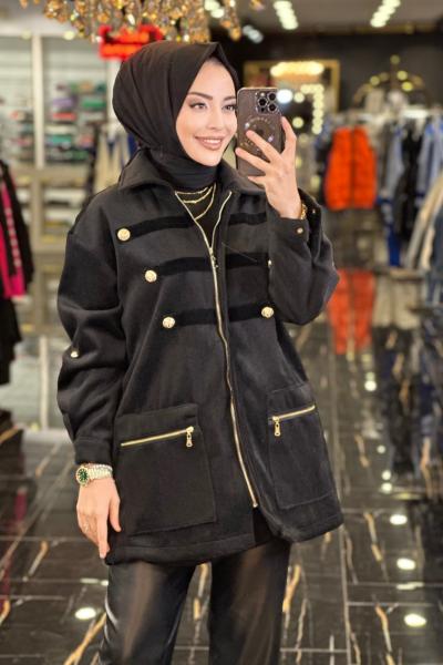 9014 Kaşmir Önü Metal Düğme Aksesuarlı Ceket Siyah