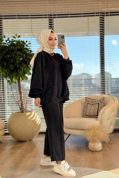 9033 Yarasa Kol Pant. Dikişli Takım Siyah