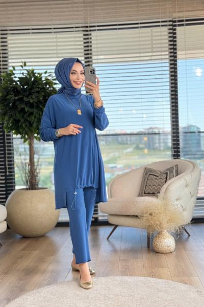 9059 Sandy Eteği Büzgülü Takım İndigo