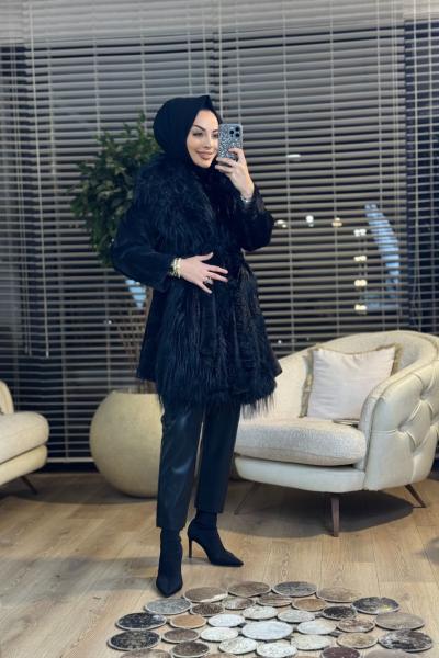 9074 Tüy Detaylı Uzun Kollu Kaban Siyah