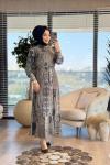 91086 Saten Etnik Desen Piliseli Elbise Siyah