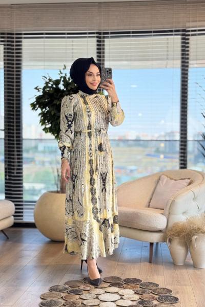 91086 Saten Etnik Desen Piliseli Elbise Yağ Yeşili