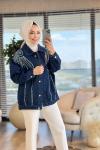 9191 Ön İnci Ve Taş İşlemeli Kot Ceket Lacivert