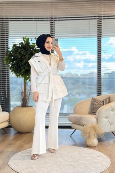 9246 Omuzları Dal Desenli Yelek Ekru