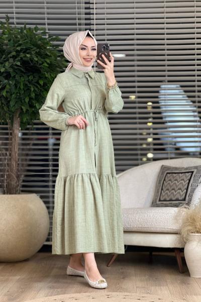 9494 Gofre Beli Bağcıklı Elbise Çağla