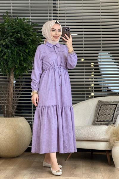 9494 Gofre Beli Bağcıklı Elbise Lila