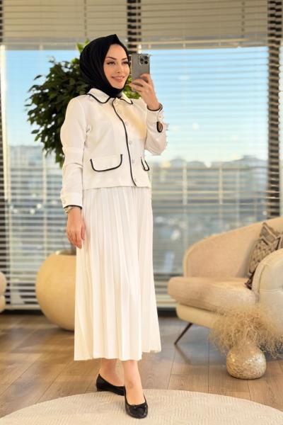 9680 Bebe Yaka Ön İnci Düğmeli Takım Ekru