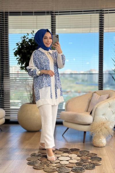 9753 Üst Desenli Omuz Şeritli Fermuarlı Takım Mavi