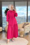 9766 Gofre Önü Düğmeli Elbise Fuşya