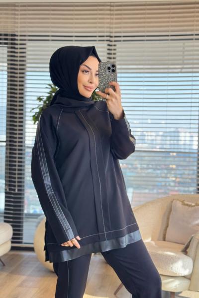 9771 Kolu Deri Şeritli Takım Siyah