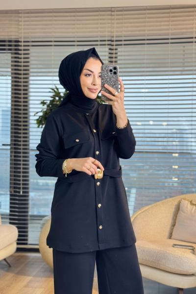 9830 Ön İki Cepli Beli Kemerli Takım Siyah