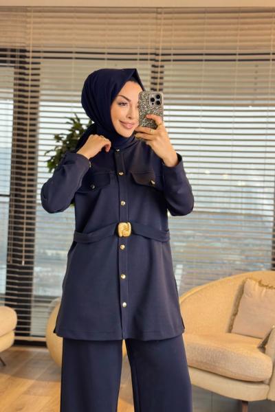 9830 Ön İki Cepli Beli Kemerli Takım Lacivert