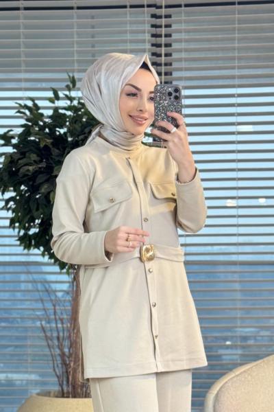 9830 Ön İki Cepli Beli Kemerli Takım Bej