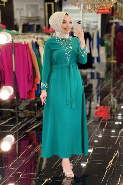 9875 Yaka Ve Kolu İncili Elbise Zümrüt