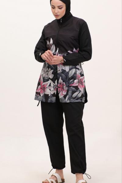 9909 Çiçekli Tesettür Mayo Siyah