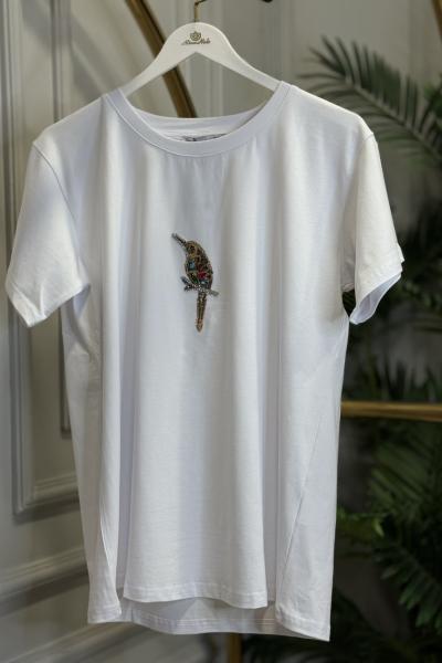 CHD58 Önü Kuş Baskılı Yarım Kollu Tişört Beyaz