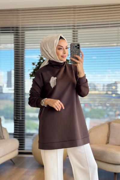 HWN9025 Kalp Broşlu Scuba Sweat Kahve