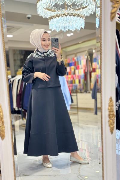 K6007 Omuzları Boncuk İşlemeli Etekli Takım Siyah