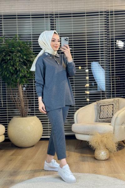 MRW1169 Yaka Taş İşlemeli Takım Antrasit